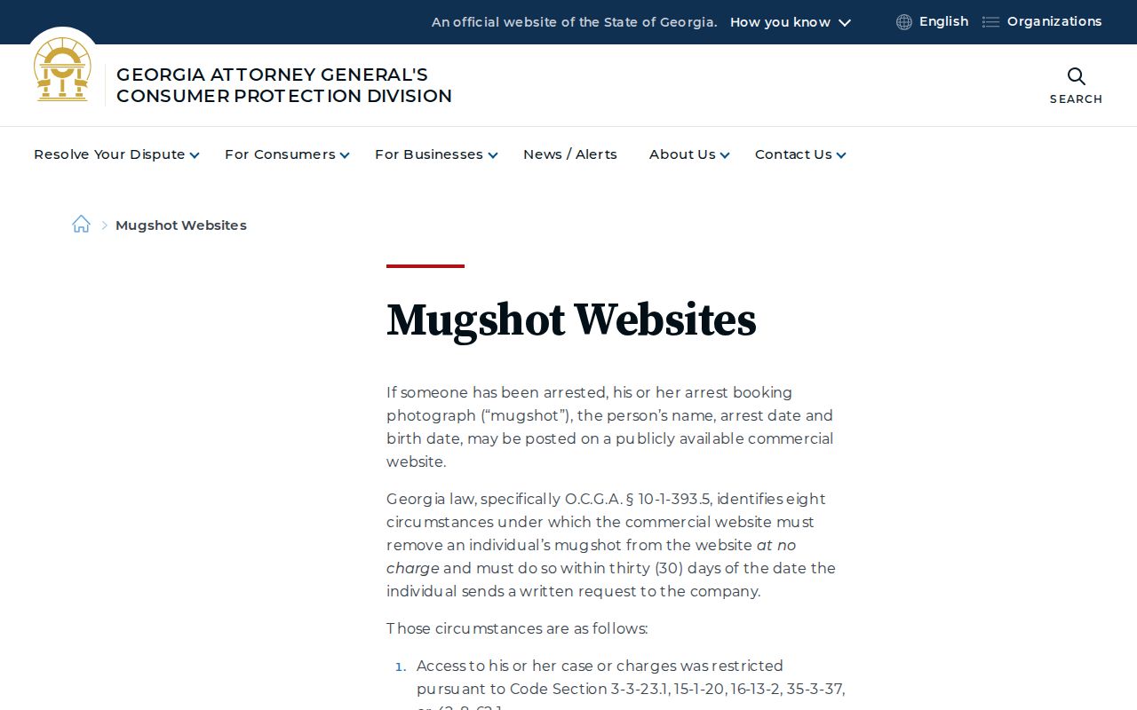 Georgia consumer guidance for removing a commercial mugshot listing